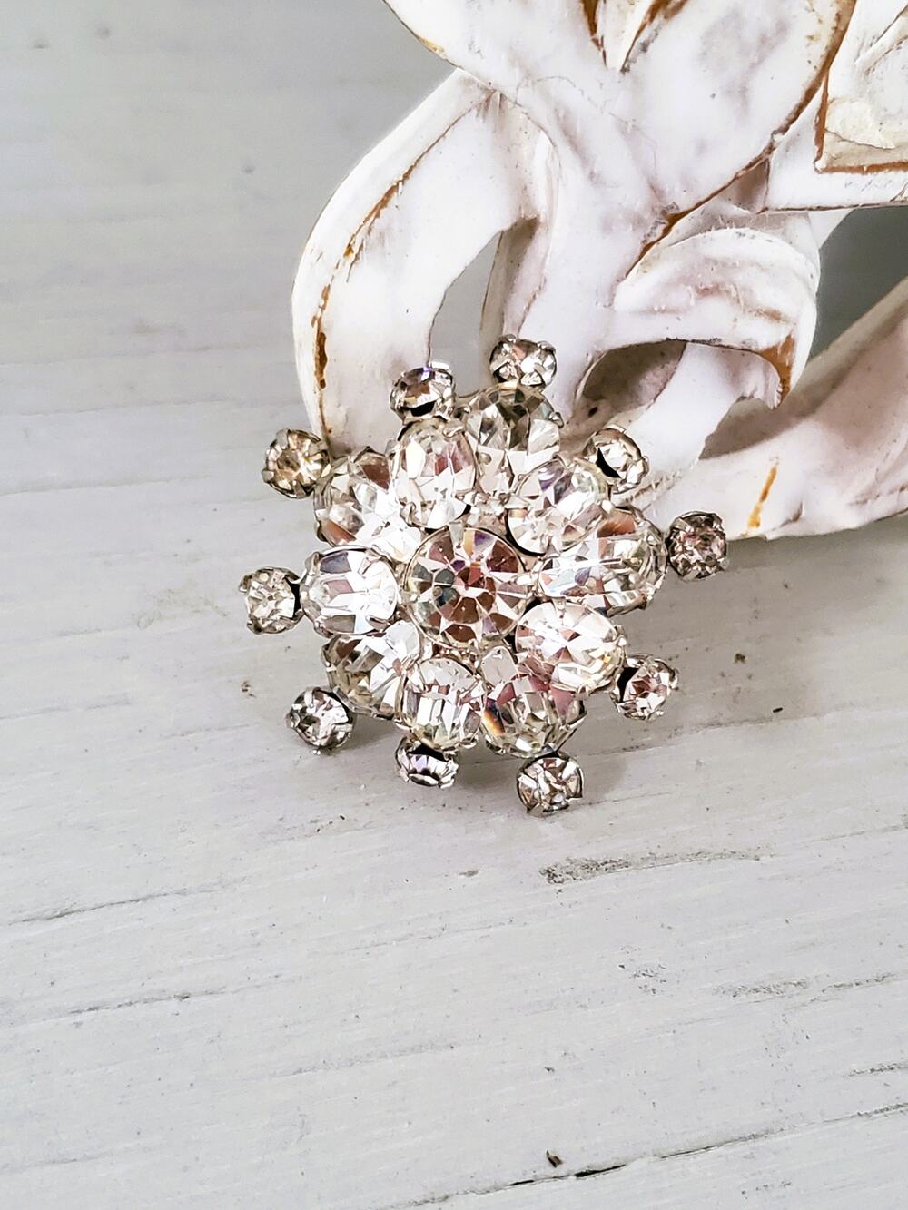 Vintage Mini Floral Clear Rhinestone Dome Brooch